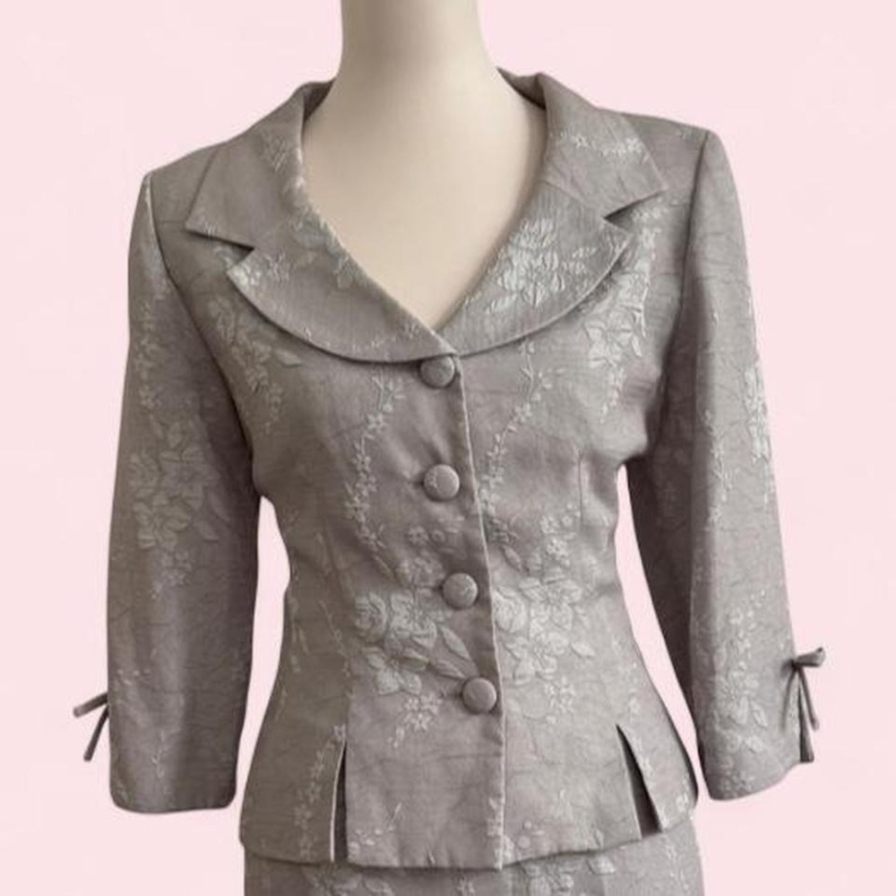 Adrianna Papell Silver Sage Floral Brocade Blazer Jacket Bow Sleeve Detail 12